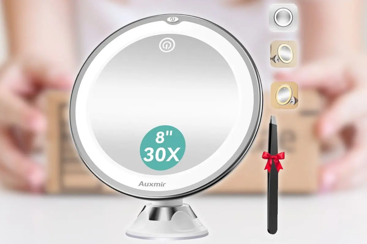 Espejo de maquillaje Auxmir redondo de 8 pulgadas con aumento 30X luz LED y base de ventosa acompañado de pinza negra con lazo rojo