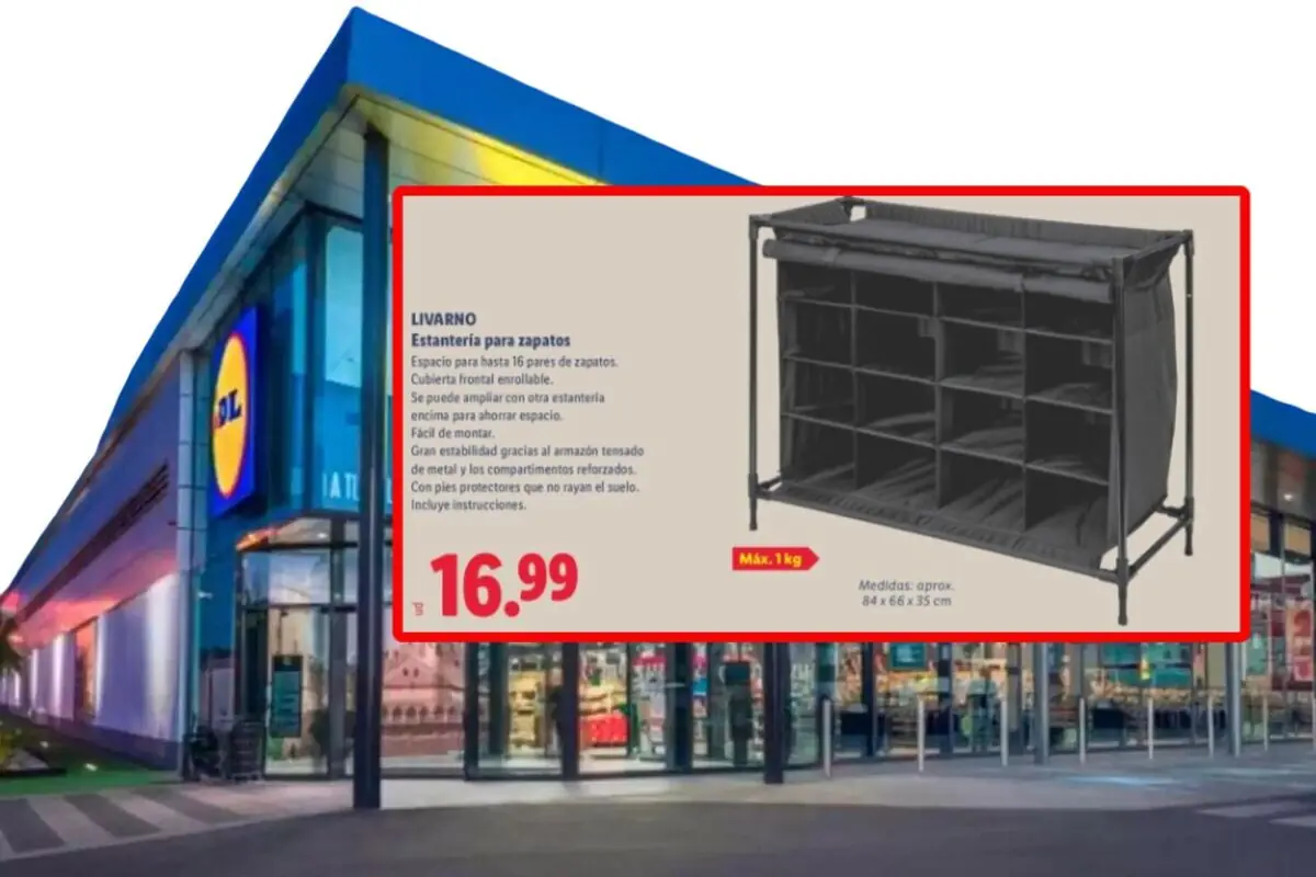 Lidl advertisement with a prominent sign showing a black Livarno shoe rack with multiple compartments and the price of 16.99 euros in front of the illuminated facade of a store