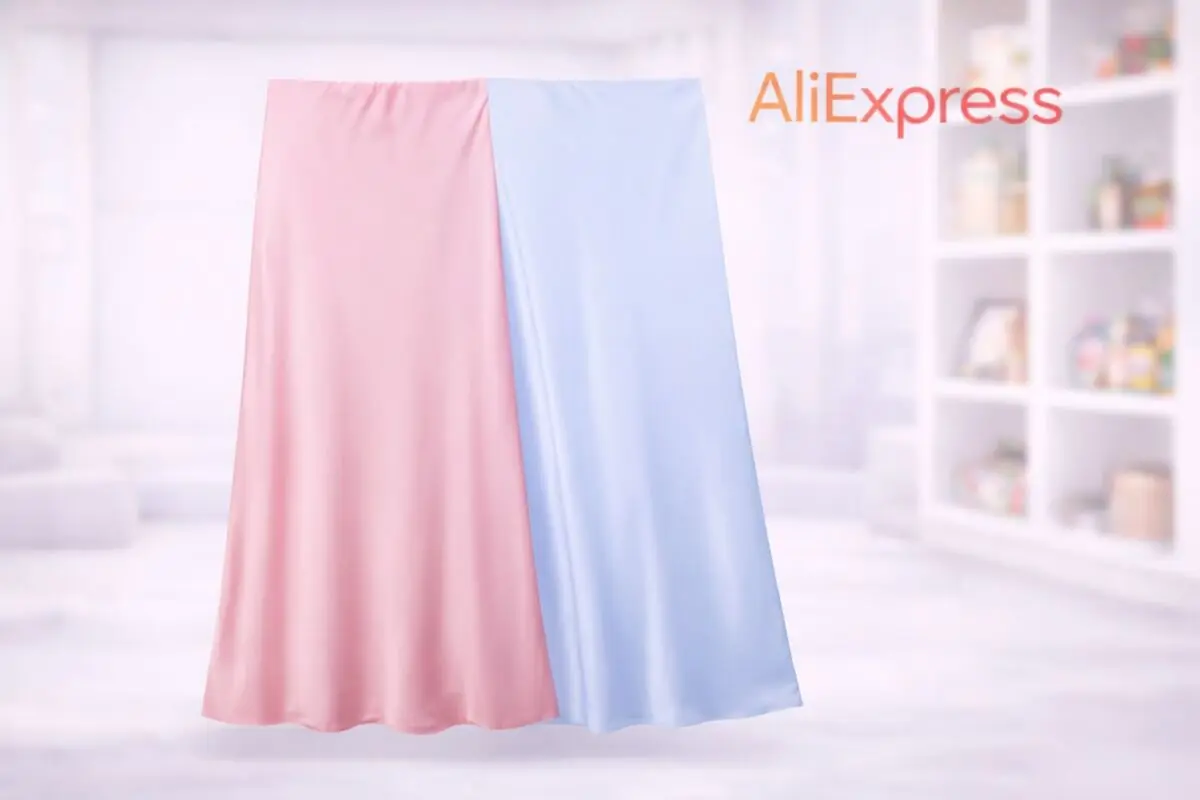 Falda larga satinada bicolor en rosa y azul claro sobre fondo de habitación luminosa con logo de AliExpress en la esquina superior derecha Falda larga satinada bicolor en rosa y azul claro sobre fondo de habitación luminosa con logo de AliExpress en la esquina superior derecha