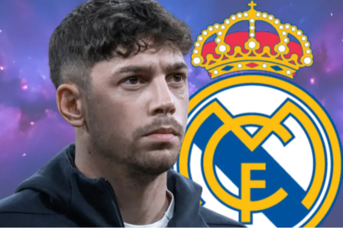 Jugador de fútbol con expresión seria frente al escudo del Real Madrid sobre un fondo morado espacial