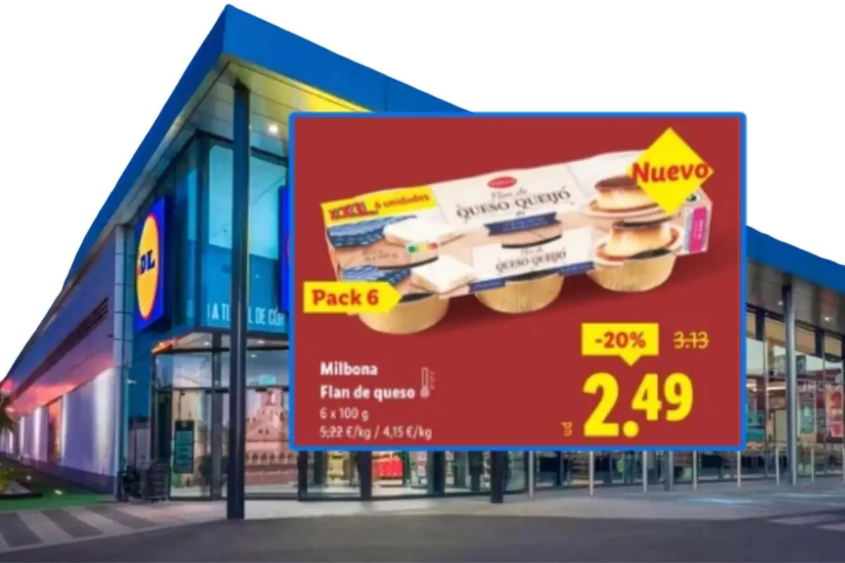 Milbona cheese flan offer, 6-pack for 2.49 euros with a 20 percent discount printed over it, in front of the entrance of a Lidl supermarket