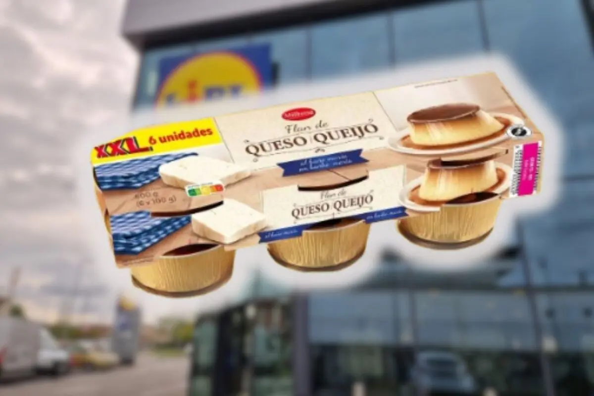 Six-pack of Milbona XXL cheese flans in individual containers in front of a blurred Lidl supermarket façade