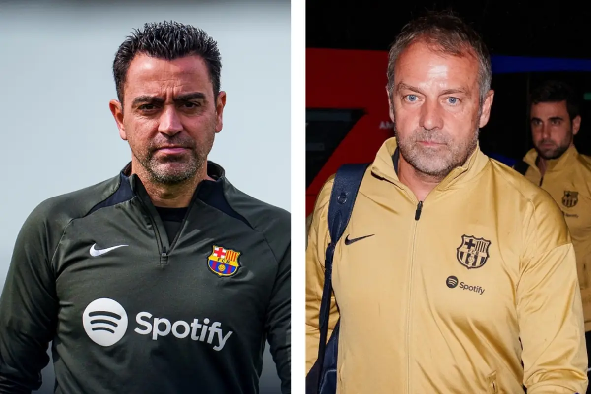 Dos entrenadores del FC Barcelona con ropa oficial del club uno con sudadera negra y otro con chaqueta dorada