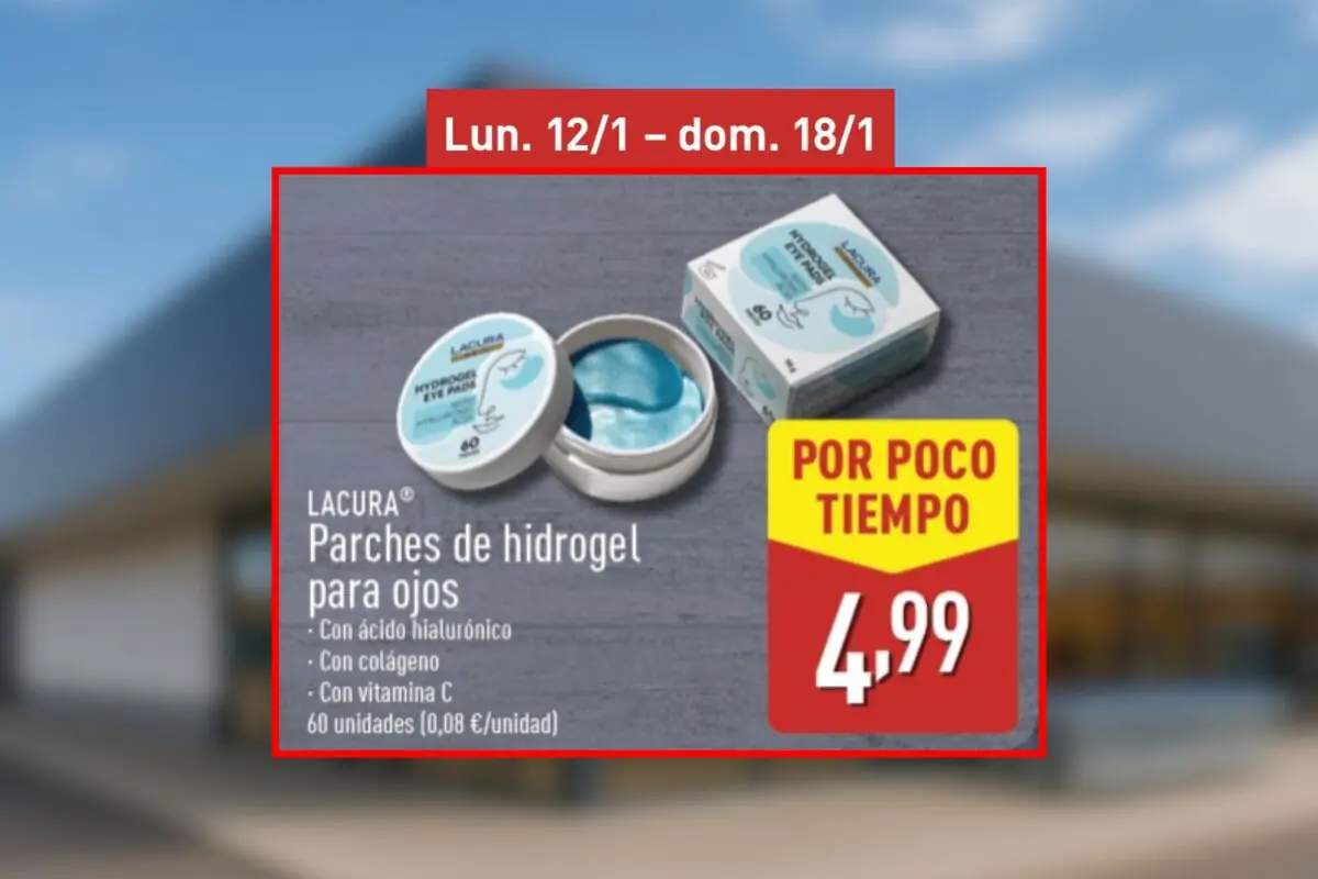 Oferta de parches de hidrogel para ojos Lacura con ácido hialurónico colágeno y vitamina C 60 unidades por 4,99 euros disponible del lunes 12 de enero al domingo 18 de enero en Aldi.