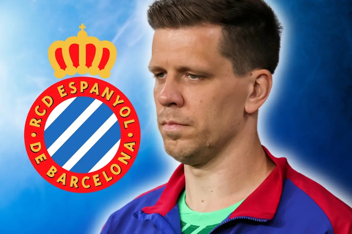 Porter de futbol amb gest seriós al costat de l’escut de l’RCD Espanyol de Barcelona sobre fons blau