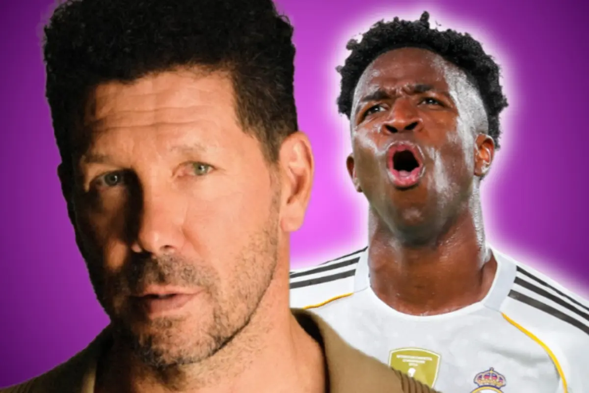 Primer pla d’un home seriós i un altre futbolista cridant al fons sobre un fons morat brillant