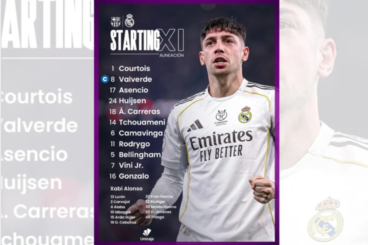 Disseny gràfic de l’onze inicial del Reial Madrid amb un jugador en primer pla vestint la samarreta blanca i una llista de titulars i suplents al seu costat sobre un fons fosc amb detalls en morat