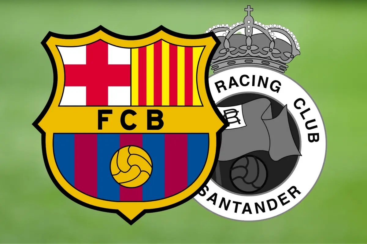 Escuts dels clubs de futbol Barcelona i Racing de Santander superposats sobre un fons verd