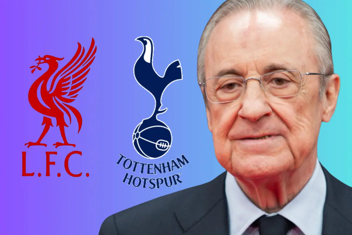 Directiu de futbol veterà amb vestit al costat dels escuts del Liverpool i del Tottenham sobre un fons degradat de morat a blau