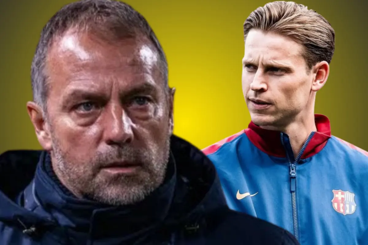 Dos homes relacionats amb el futbol, un en primer pla amb gest seriós i abric fosc i un altre al darrere amb jaqueta blava i escut del FC Barcelona sobre un fons groc