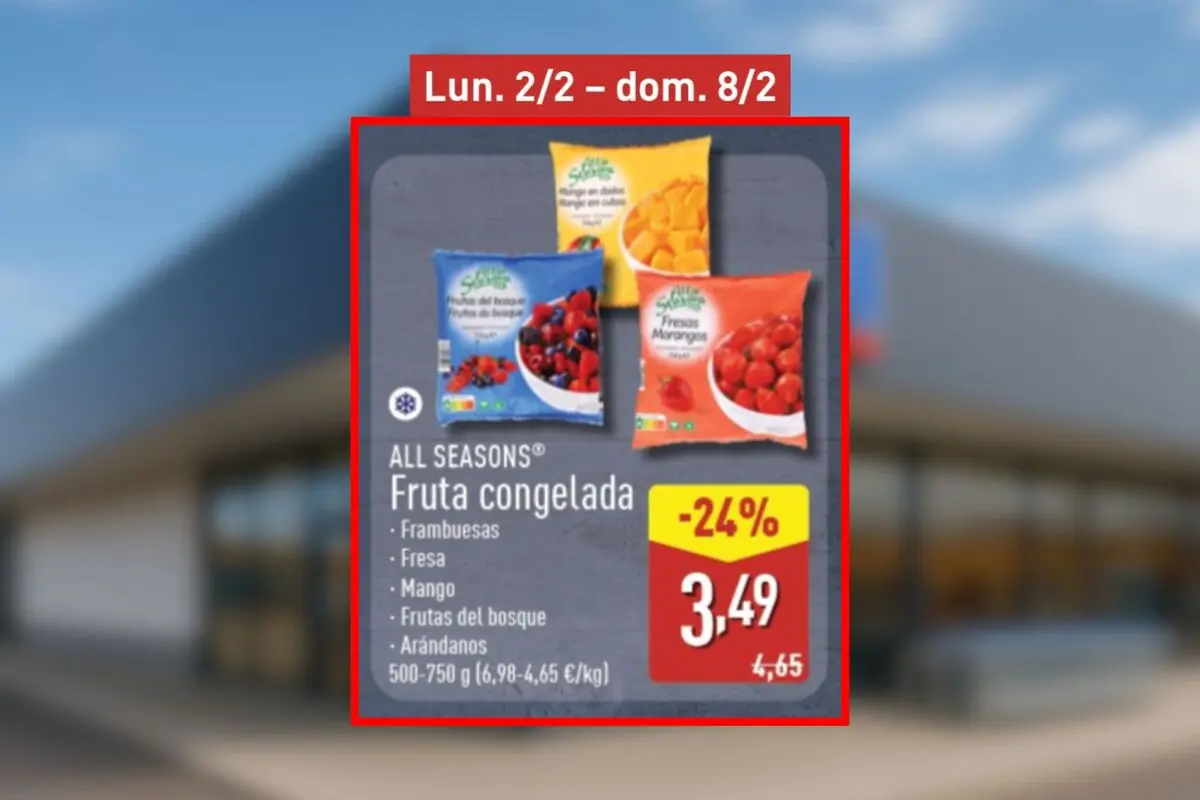 Folleto de Aldi en el que aparece fruta congelada All Seasons en supermercado con bolsas de frambuesas fresas mango frutos del bosque y arándanos con descuento del 24 por ciento y precio 3,49 euros válido del lunes 2 de febrero al domingo 8 de febrero. Folleto de Aldi en el que aparece fruta congelada All Seasons en supermercado con bolsas de frambuesas fresas mango frutos del bosque y arándanos con descuento del 24 por ciento y precio 3,49 euros válido del lunes 2 de febrero al domingo 8 de febrero.