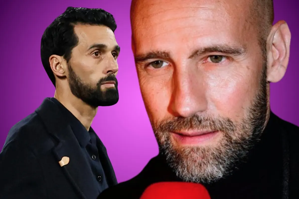 Primer plano de dos hombres con barba sobre fondo morado uno mirando al frente y otro de perfil con gesto serio