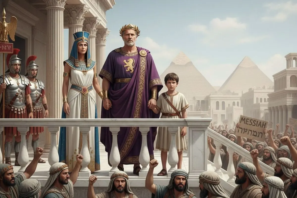 Il·lustració d’un governant romà amb túnica porpra, una reina egípcia i un nen en un balcó de marbre davant d’una multitud que protesta amb els punys alçats i cartells on es llegeix “Messiah”, amb piràmides i edificis clàssics al fons.