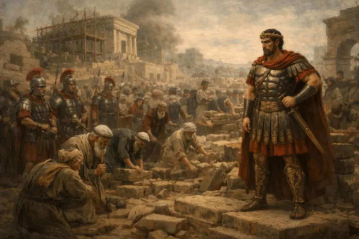 Pintura històrica d’un general romà amb armadura i capa vermella observant presoners treballant entre ruïnes i runa mentre soldats vigilen i un gran edifici clàssic es reconstrueix al fons amb fum al cel.