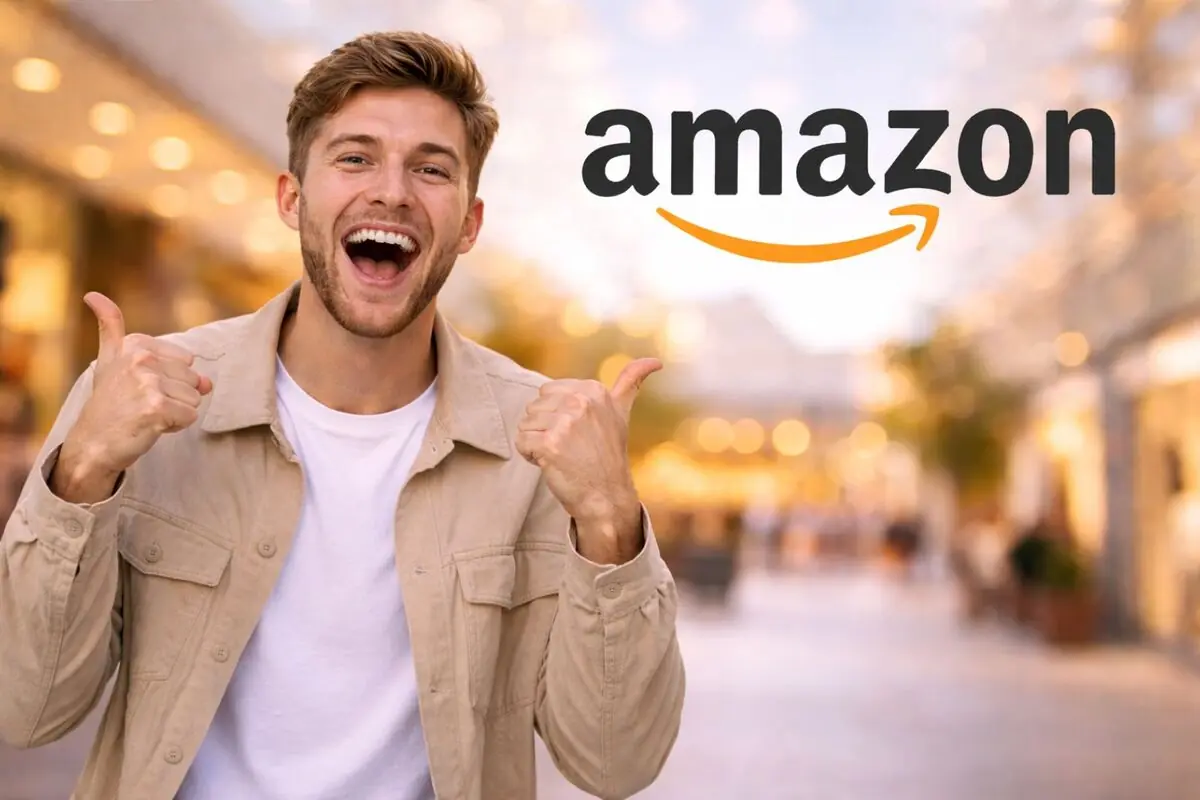 Hombre joven sonriente levantando ambos pulgares junto al logo de Amazon en un entorno urbano desenfocado