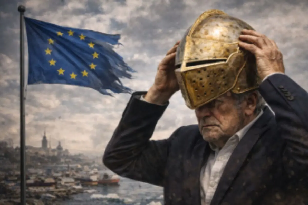 Home gran amb vestit posant-se un casc d’armadura daurat davant d’una bandera gastada de la Unió Europea onejant sobre un port ennuvolat. Home gran amb vestit posant-se un casc d’armadura daurat davant d’una bandera gastada de la Unió Europea onejant sobre un port ennuvolat.