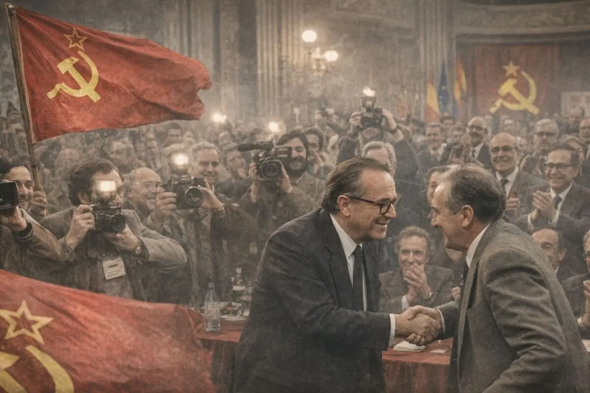 Dos polítics es donen la mà somrients en un acte públic envoltats de fotògrafs i banderes vermelles amb la dalla i el martell mentre el públic aplaudeix.