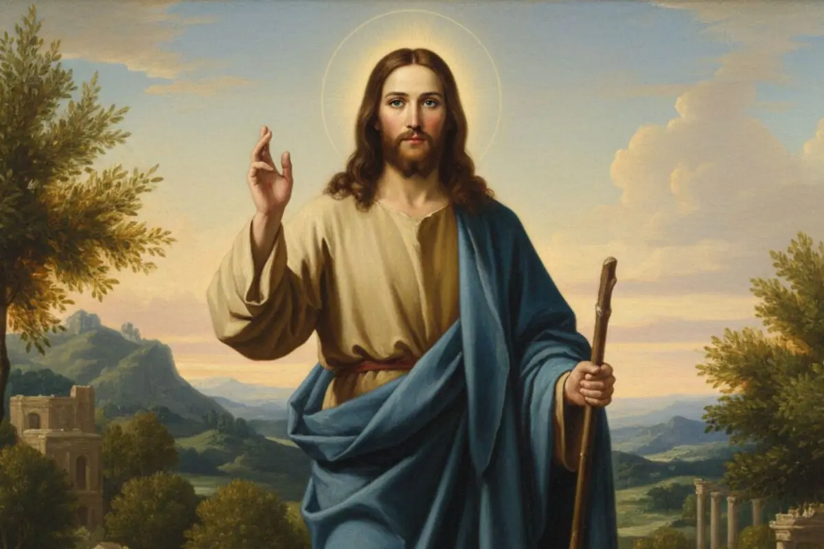 Pintura religiosa de Jesús vestit amb túnica beix i mantell blau sostenint un bastó i aixecant una mà en gest de benedicció amb un halo lluminós sobre el cap en un paisatge natural al capvespre.
