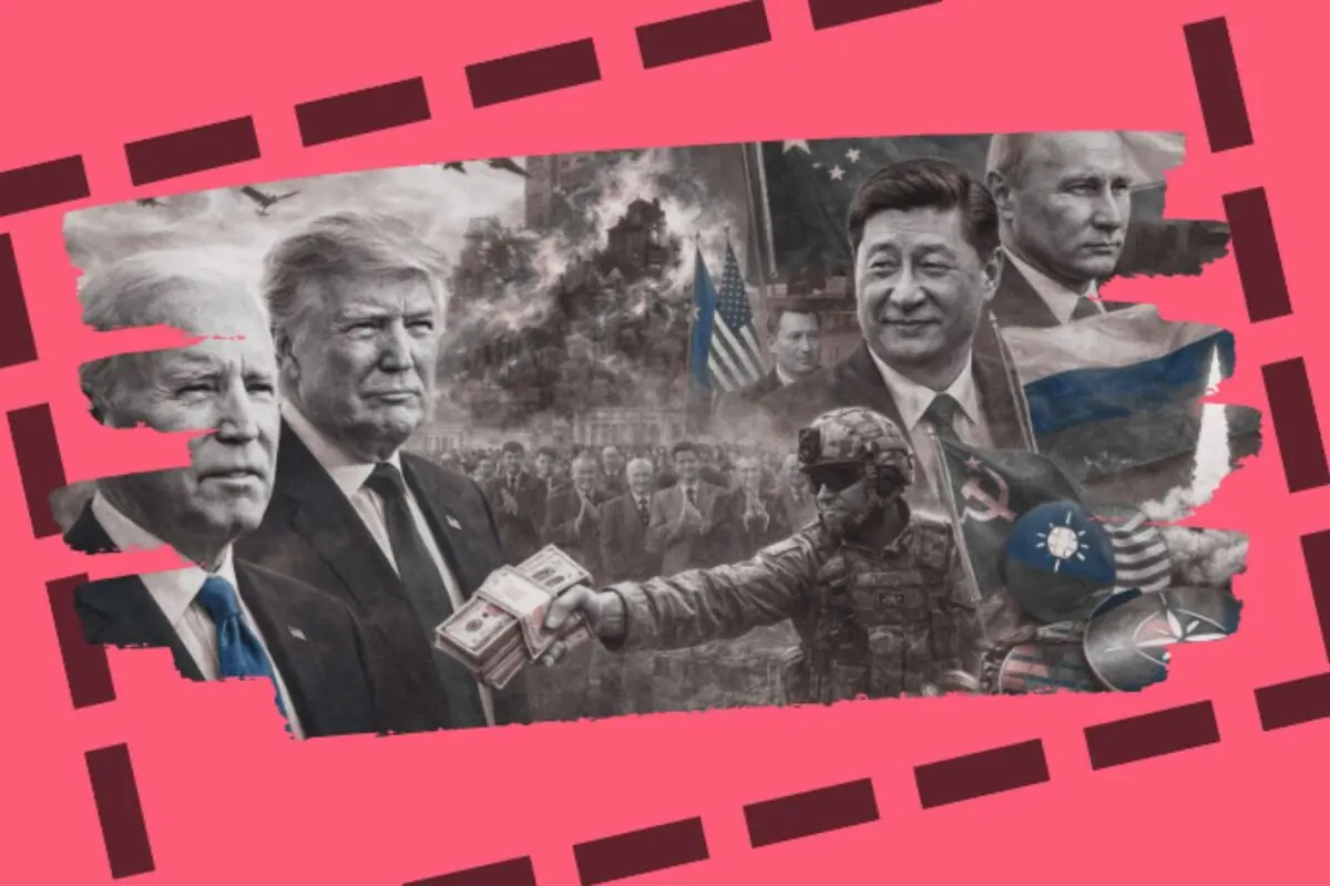Collage polític en blanc i negre amb líders mundials, un soldat entregant feixos de bitllets i banderes de diverses potències sobre un fons de conflicte i fum emmarcat per un disseny rosa.
