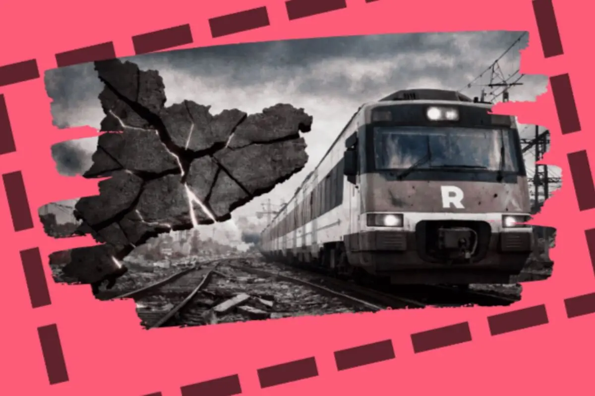 Tren de rodalies avançant sobre vies malmeses i esquerdades en un entorn gris amb un marc rosa cridaner i, al costat, una silueta del mapa de Catalunya trencat.