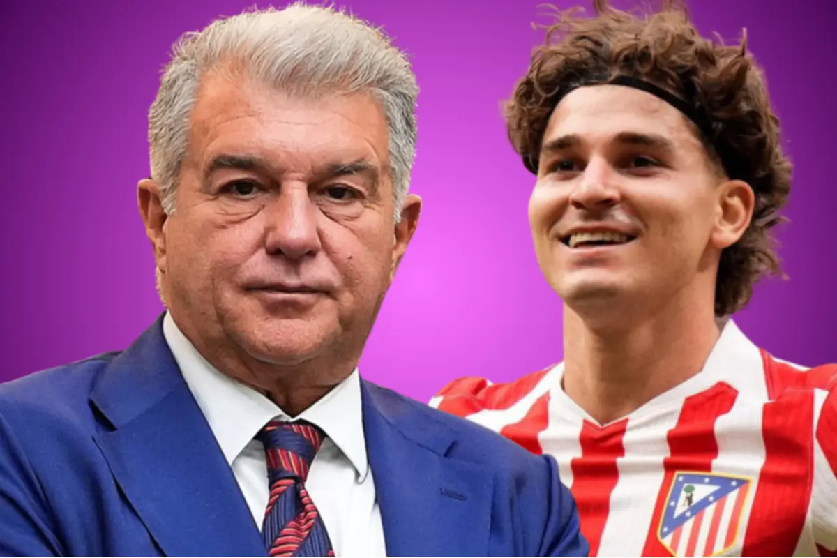 Home gran amb vestit blau al costat d’un futbolista amb samarreta blanc-i-vermella de l’Atlètic de Madrid sobre fons morat