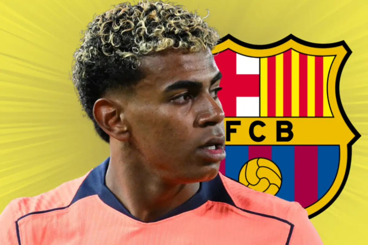 Futbolista amb samarreta rosa mirant cap a la dreta sobre fons groc amb l’escut del FC Barcelona al darrere