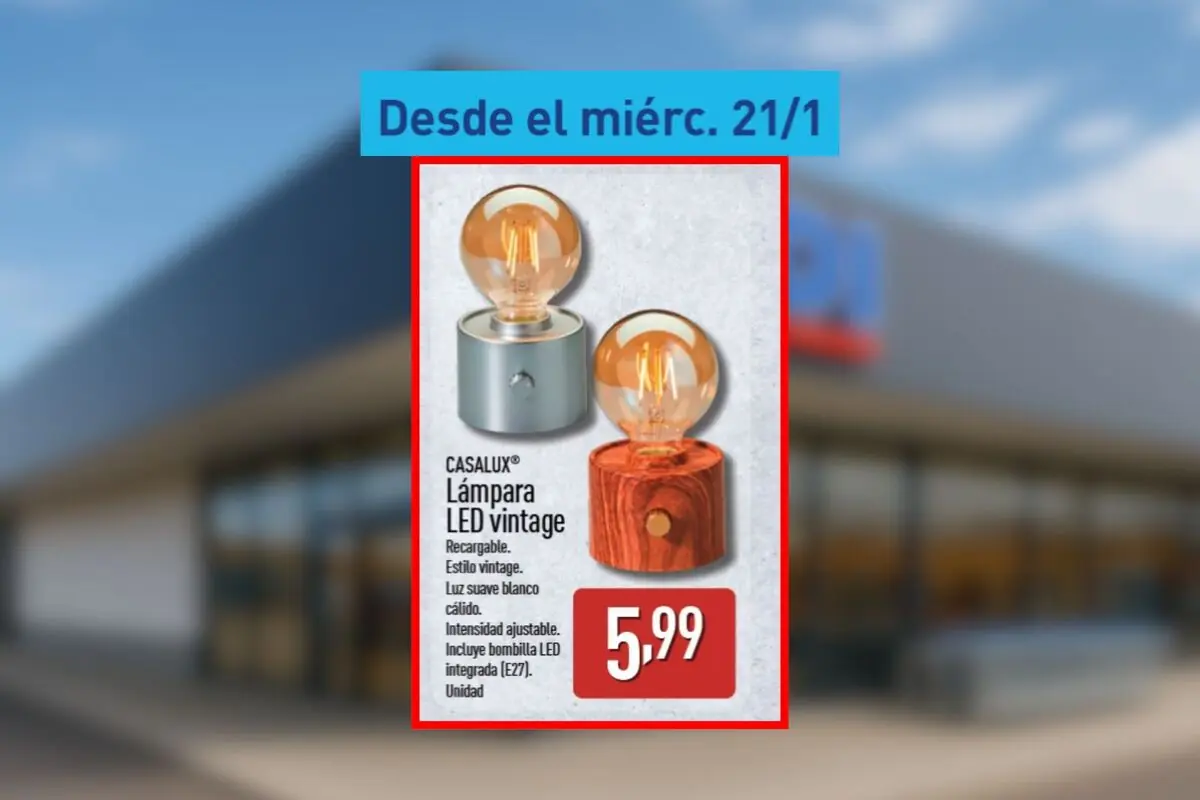 Anuncio de lámpara LED vintage recargable Casalux con base metálica o de madera luz cálida regulable disponible desde el miércoles, 21 de enero, por 5,99 euros en Aldi.