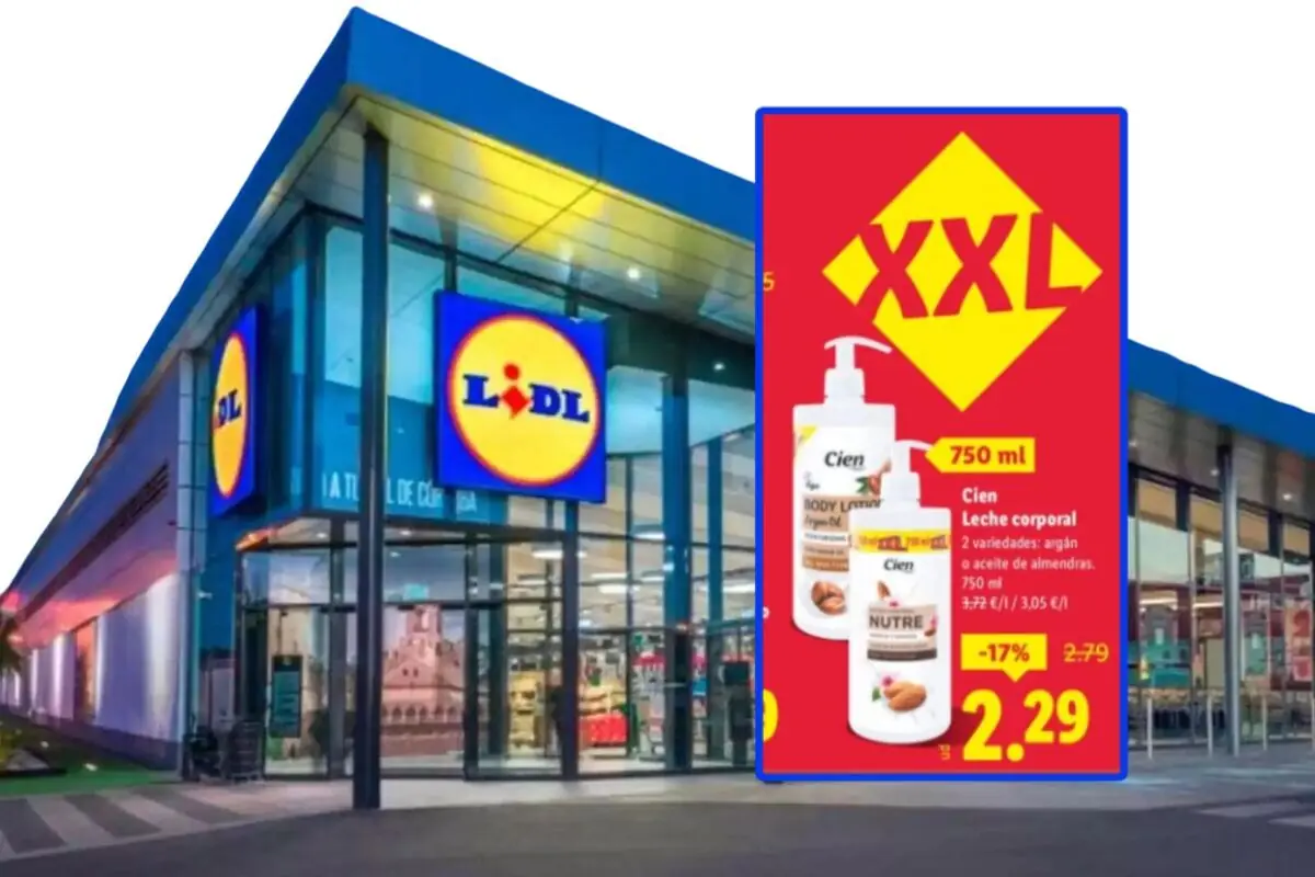Lidl supermarket facade with an XXL promotional sign for Cien body lotion, 750 ml format at 2.29 euros