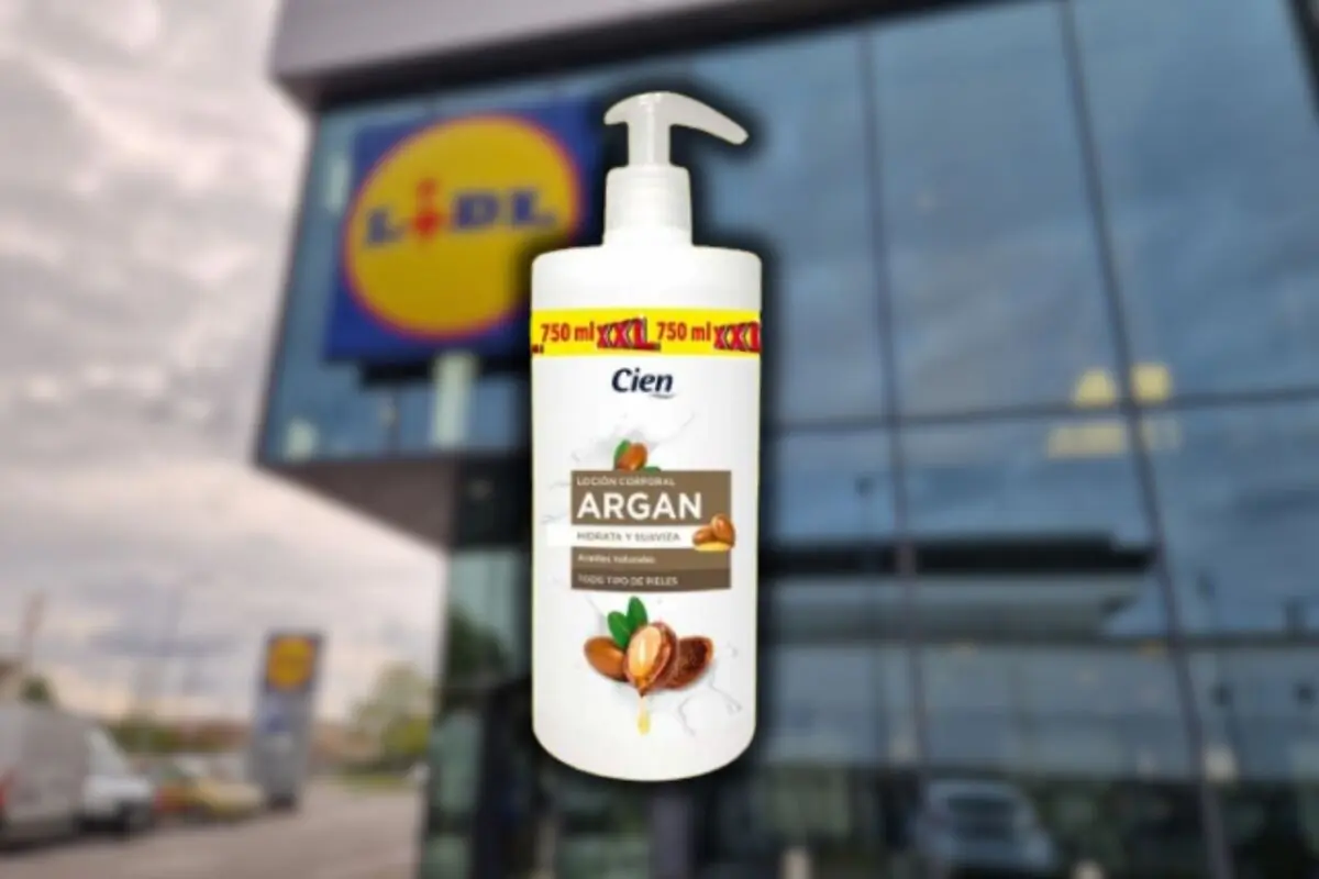 Cien brand argan body lotion bottle with dispenser in front of a Lidl supermarket façade