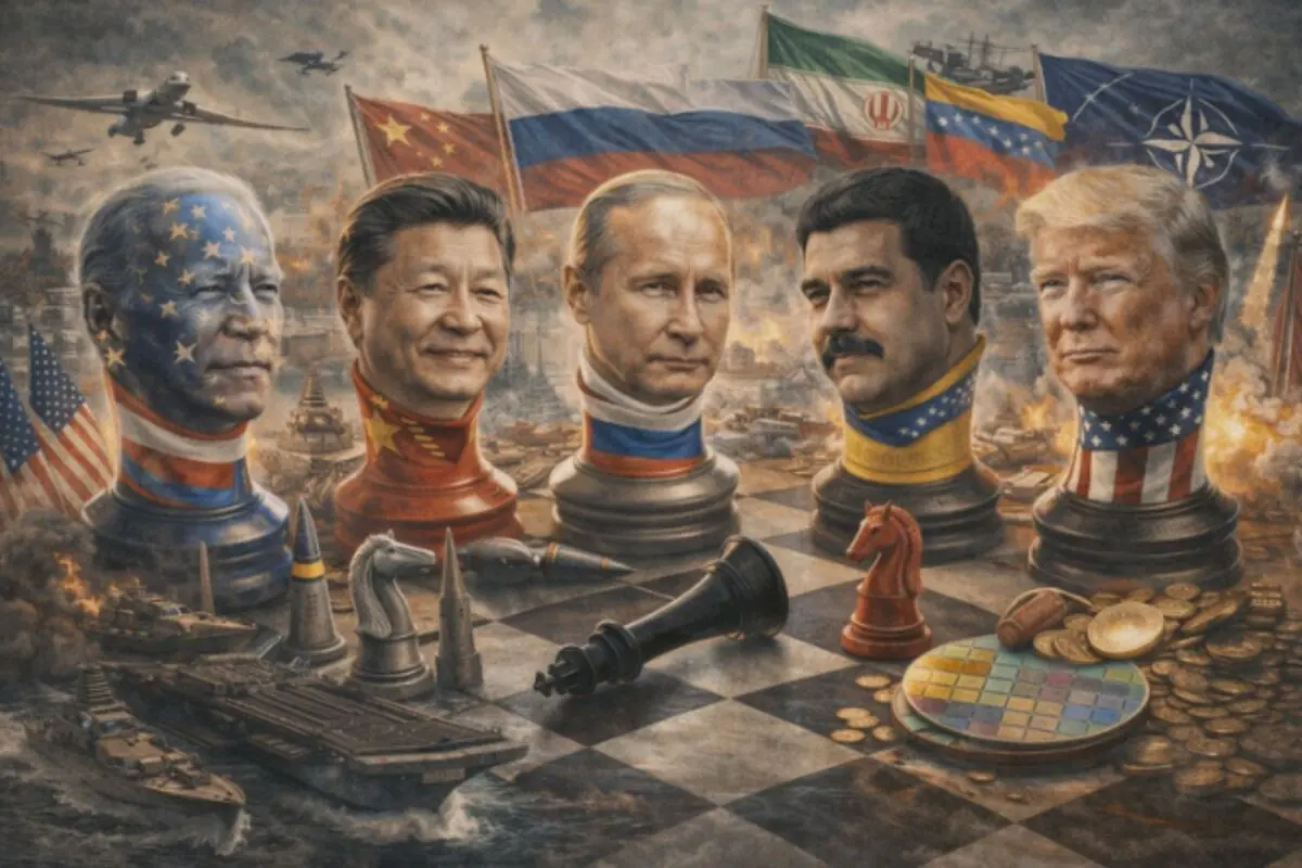 Il·lustració de líders mundials representats com a peces d’escacs sobre un tauler envoltat de banderes, vaixells de guerra, avions i explosions que simbolitzen un conflicte geopolític global.