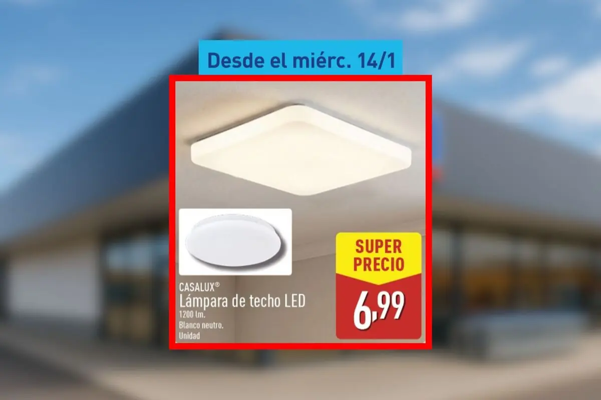 Oferta de lámpara de techo LED blanca marca Casalux 1200 lúmenes blanco neutro disponible desde el miércoles 14 de enero por 6,99 euros en Aldi.
