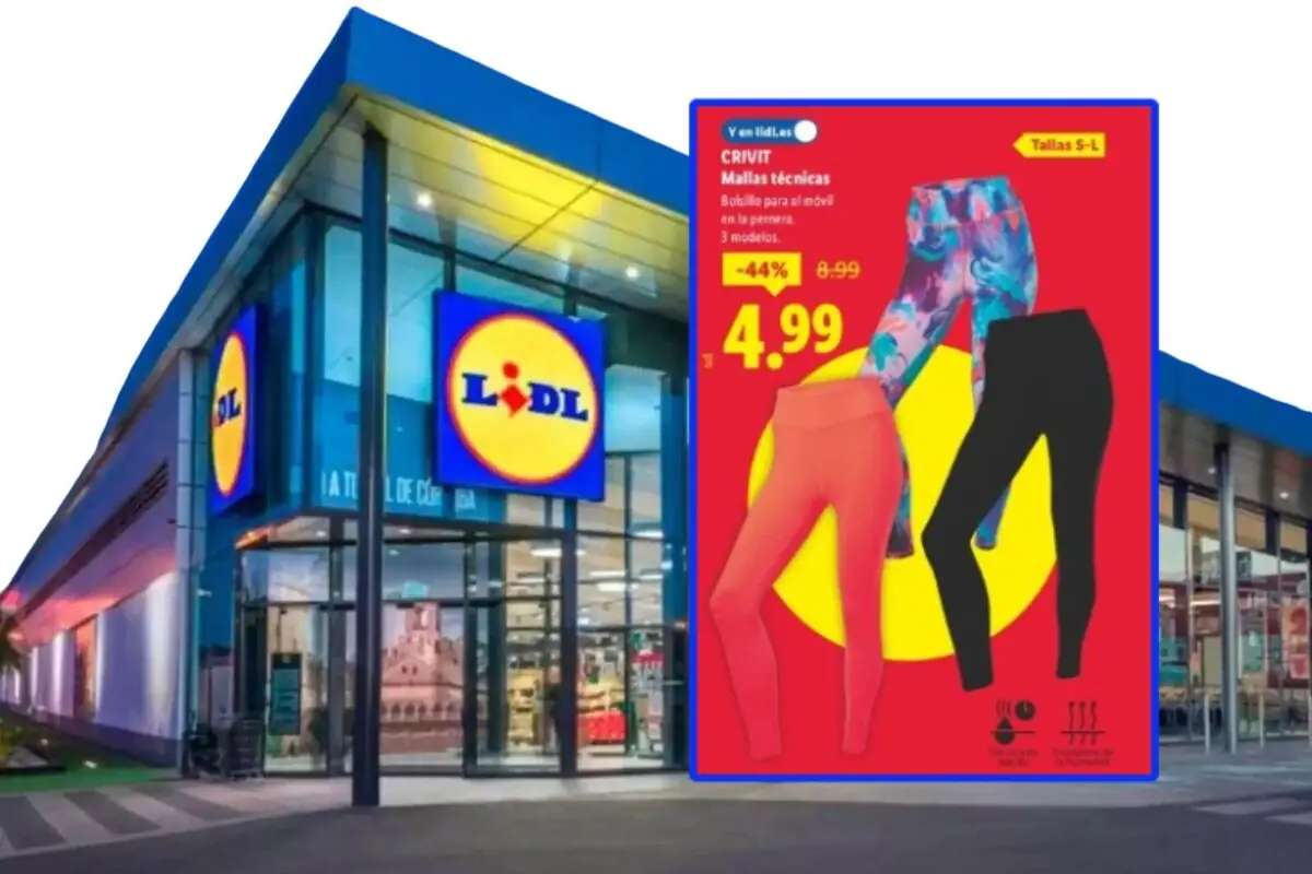 Lidl supermarket facade with an advertising sign for Crivit technical leggings on sale for 4.99 euros in various colors and styles