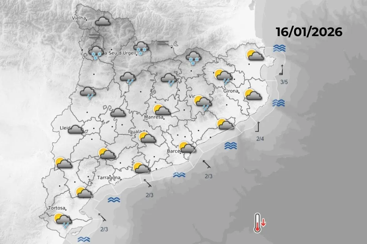 Mapa meteorológico de Cataluña para el 16 de enero de 2026 con cielos nubosos, lluvias dispersas, nevadas en el Pirineo, intervalos de sol en la costa y símbolos marítimos que indican oleaje moderado.