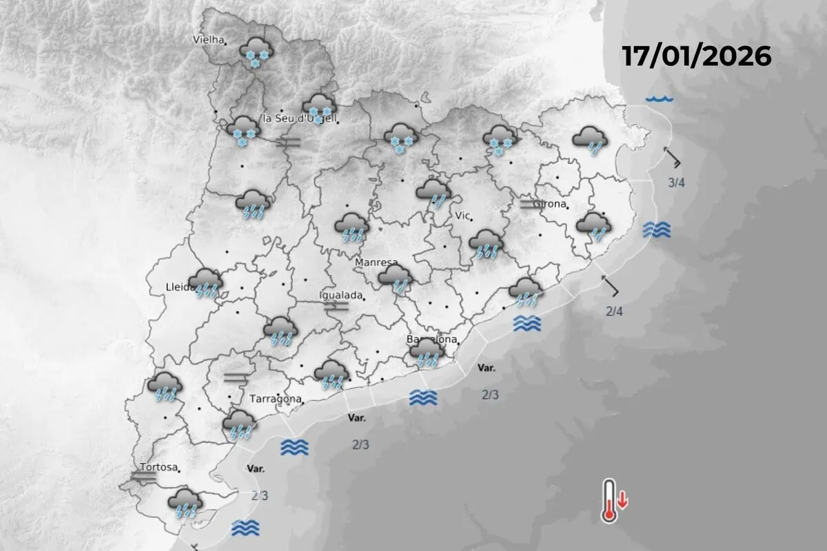 Mapa meteorològic de Catalunya per al 17 de gener de 2026 amb icones de pluja generalitzada i neu al Pirineu i zones interiors i mar alterat a la costa