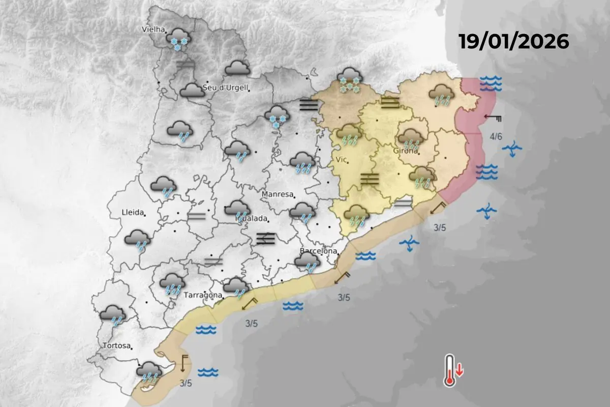 Mapa meteorològic de Catalunya per al 19 de gener de 2026 amb pluges generalitzades, neu al Pirineu i avisos per mal estat de la mar i descens de les temperatures.