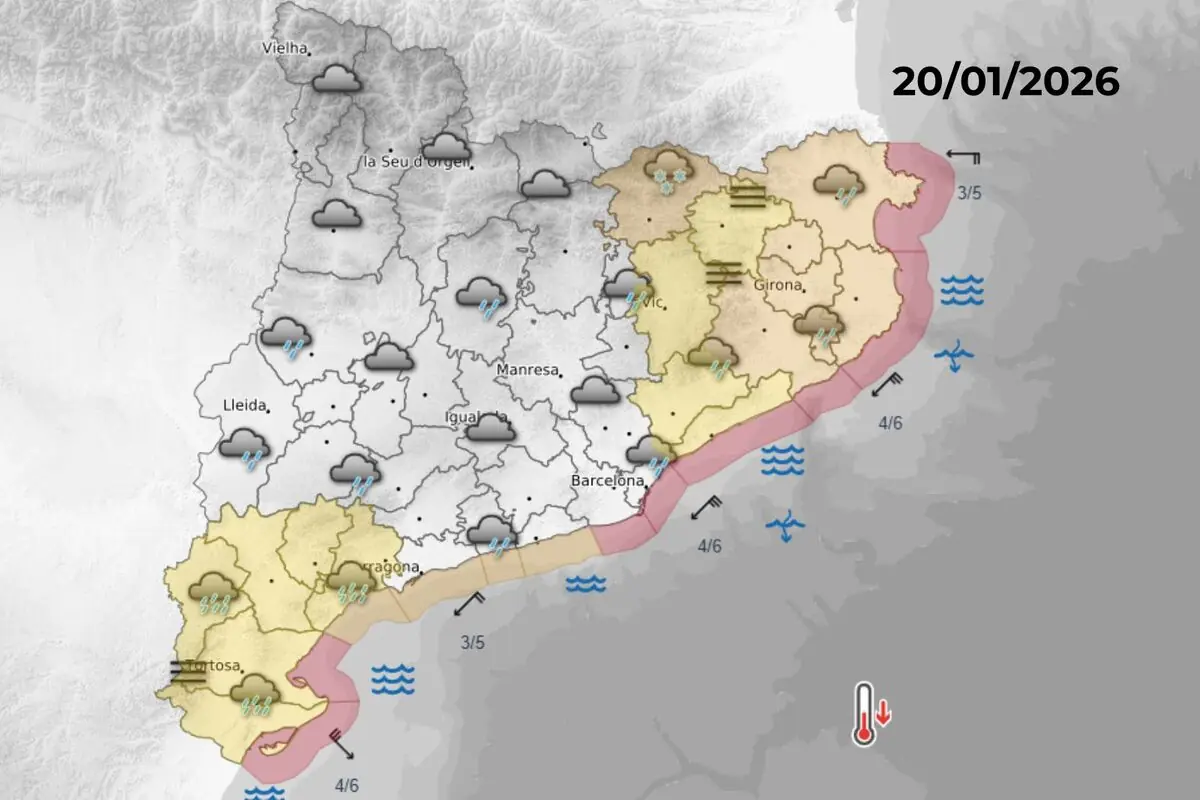 Mapa meteorològic de Catalunya per al 20-01-2026 amb pluges generalitzades, neu al Pirineu, avisos grocs per precipitacions intenses a Girona i Tarragona i fort temporal marítim a tota la costa.