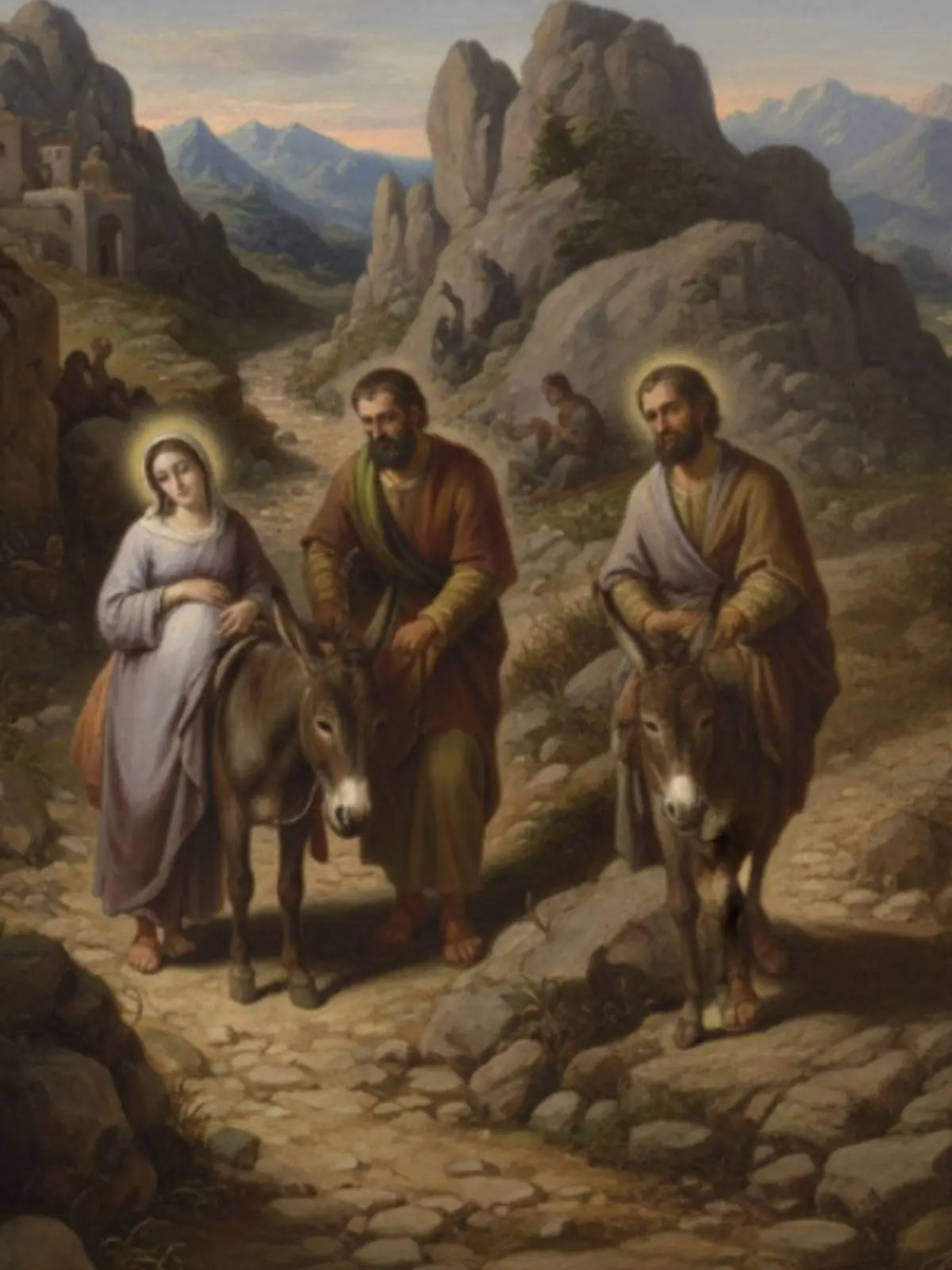 Pintura religiosa de tres figures amb aureoles viatjant per un camí rocós en rucs entre muntanyes al capvespre.