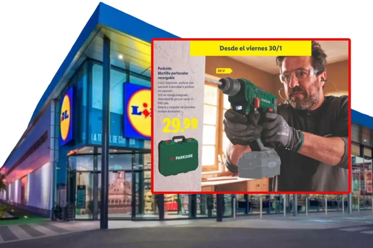 Publicidad de Lidl con oferta de martillo perforador recargable Parkside por 29,99 euros mostrando a un hombre utilizándolo en un taller frente a la fachada de una tienda de la cadena