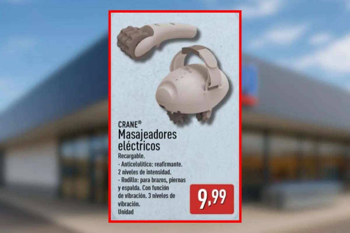Folleto de Aldi en el que aparecen masajeadores eléctricos recargables de la marca Crane con cabezales de rodillo y precio de 9,99 euros. Folleto de Aldi en el que aparecen masajeadores eléctricos recargables de la marca Crane con cabezales de rodillo y precio de 9,99 euros.