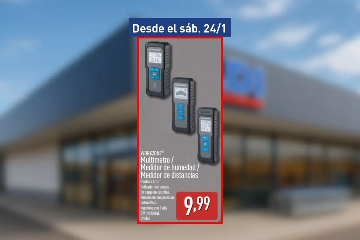 Folleto de Aldi en el que aparece un multímetro medidor de humedad y distancias Workzone por 9,99 euros disponible desde el sábado 24 de enero frente a un supermercado difuminado de fondo.