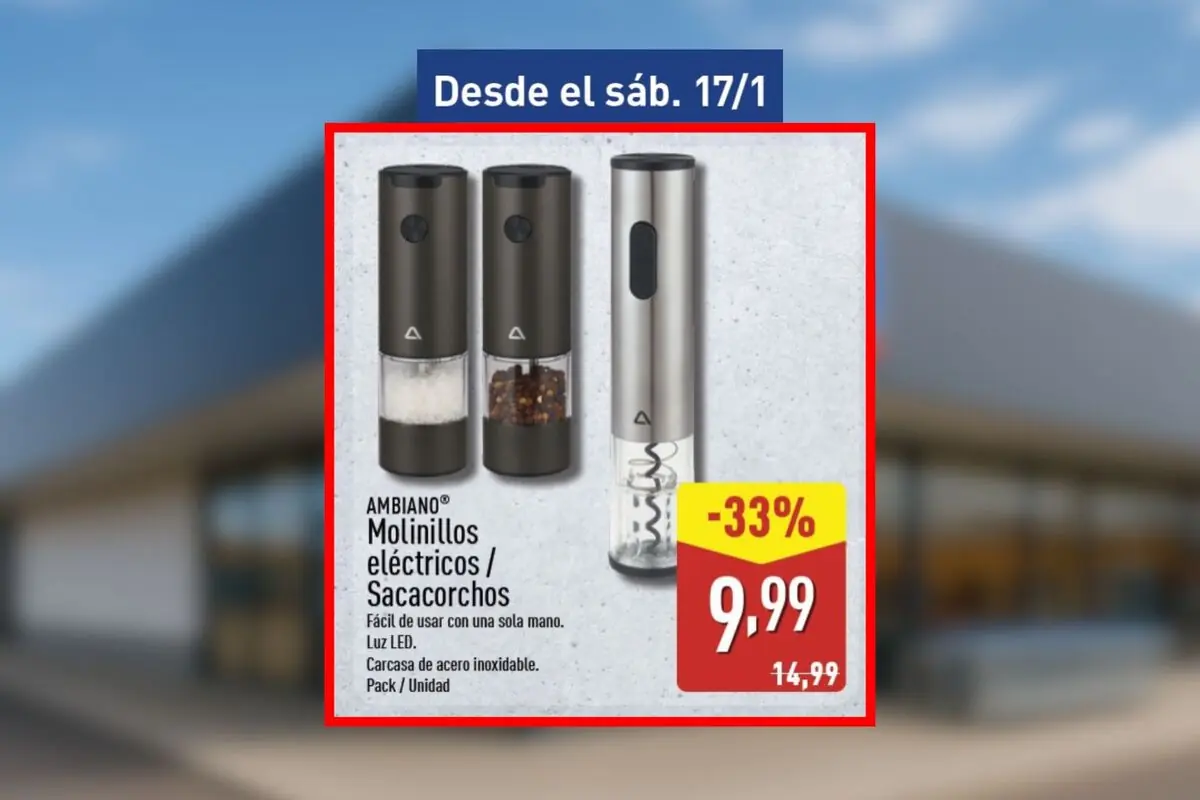 Oferta de molinillos eléctricos y sacacorchos Ambiano en acero inoxidable con luz LED rebajados un 33 por ciento a 9,99 euros disponible desde el sábado, 17 de enero, en Aldi. Oferta de molinillos eléctricos y sacacorchos Ambiano en acero inoxidable con luz LED rebajados un 33 por ciento a 9,99 euros disponible desde el sábado, 17 de enero, en Aldi.
