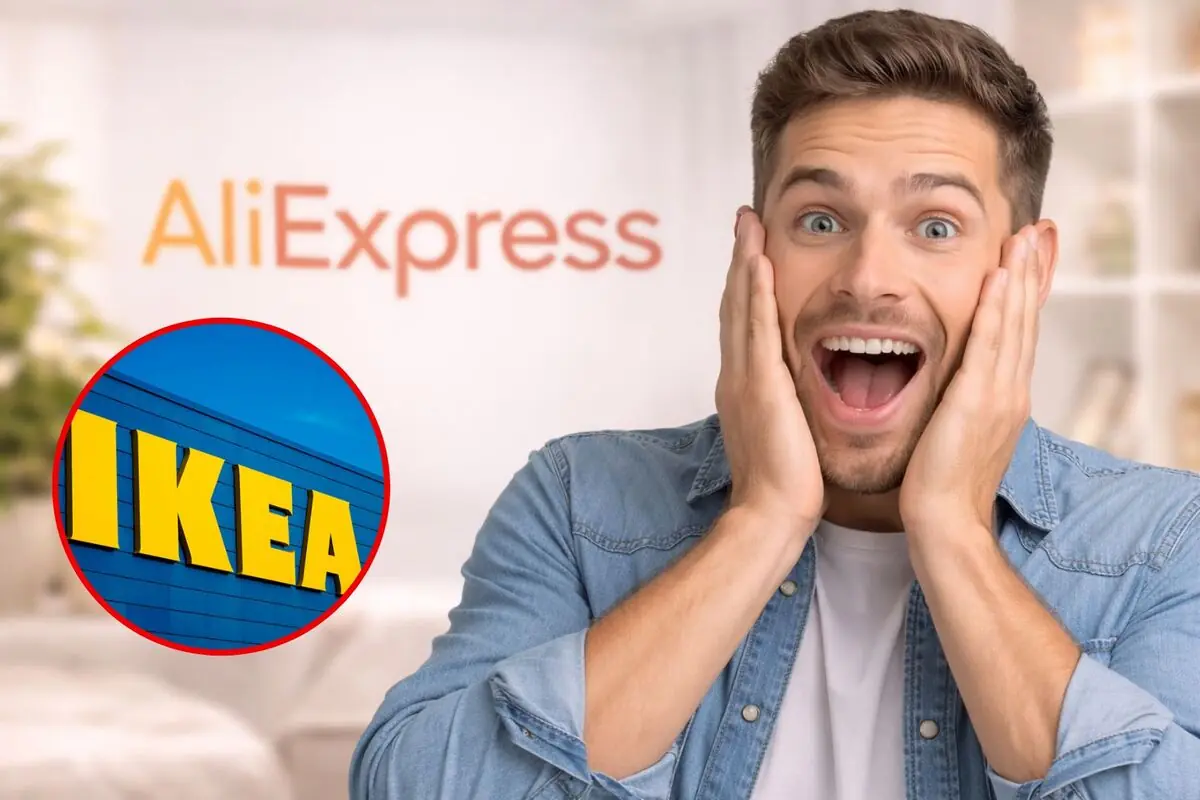 Hombre sorprendido frente al logo de AliExpress con un círculo que muestra la fachada de una tienda IKEA