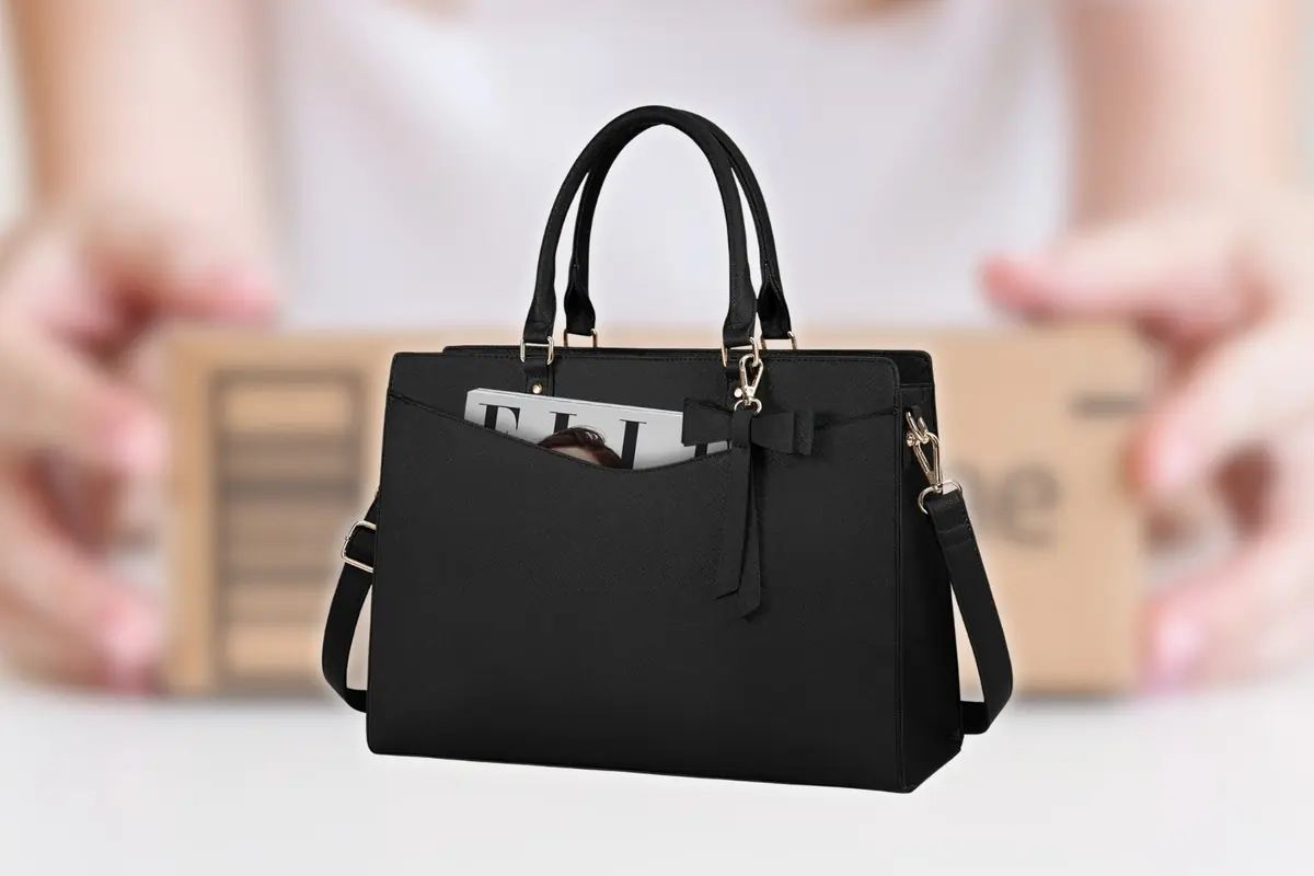 Bolso de mano negro elegante con correa larga y bolsillo frontal donde asoma una revista sobre fondo desenfocado