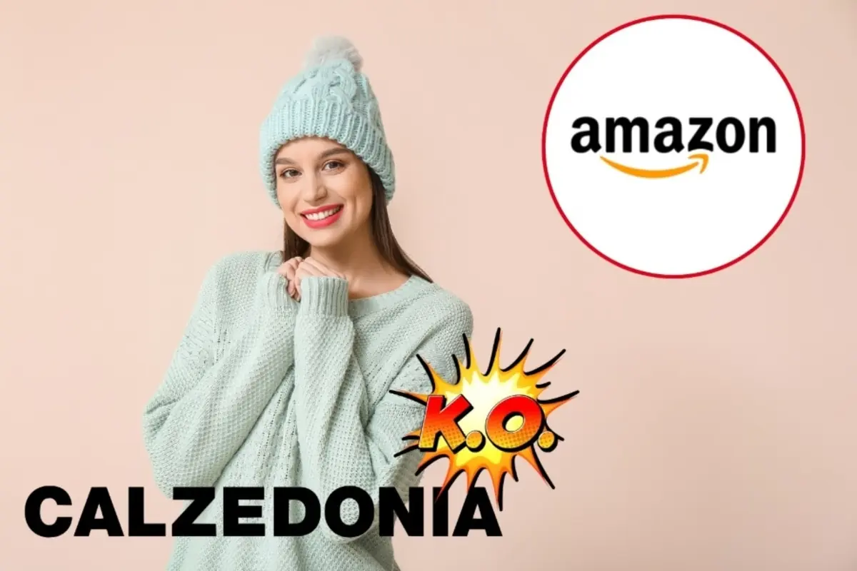 Montaje con mujer joven, con jersey y gorro de punto en color menta, junto al logo de Amazon y el logo de CALZEDONIA con un gráfico de KO