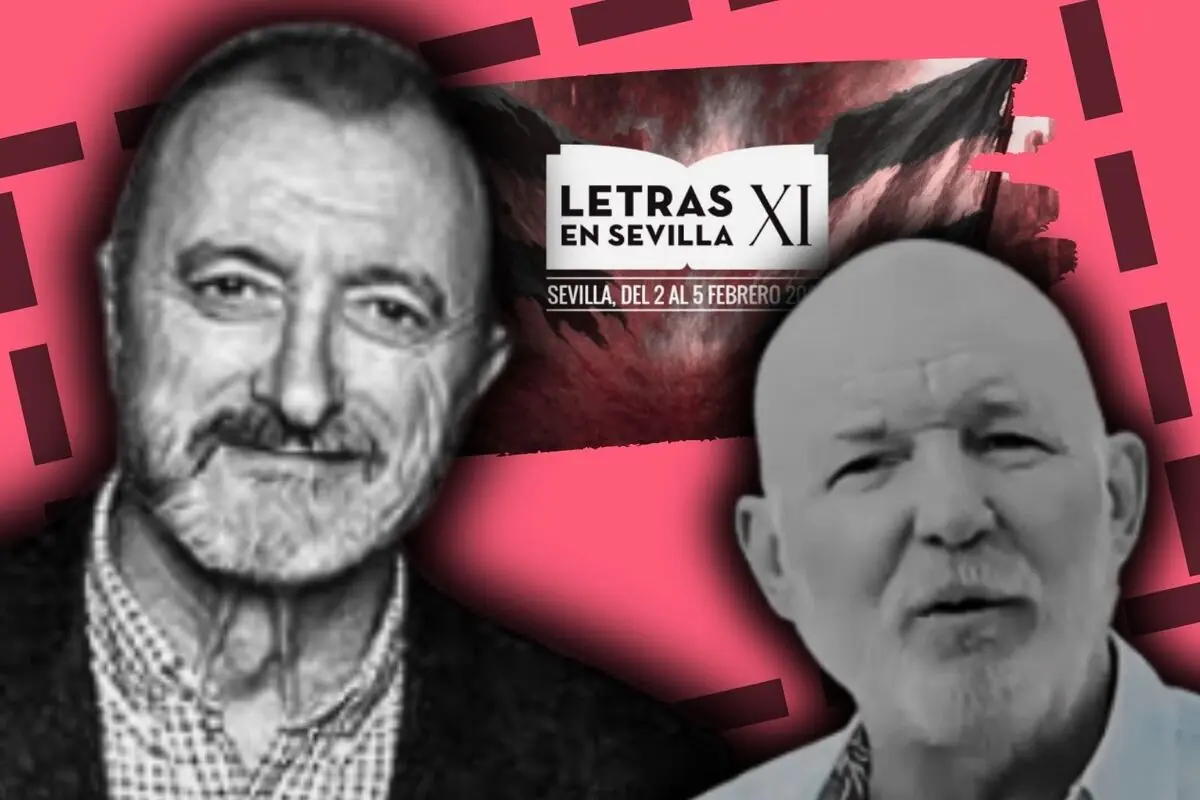 Arturo Pérez-Reverte i Jesús Vigorra en blanc i negre sobre un fons rosa amb el cartell de l’esdeveniment Lletres a Sevilla XI al centre.