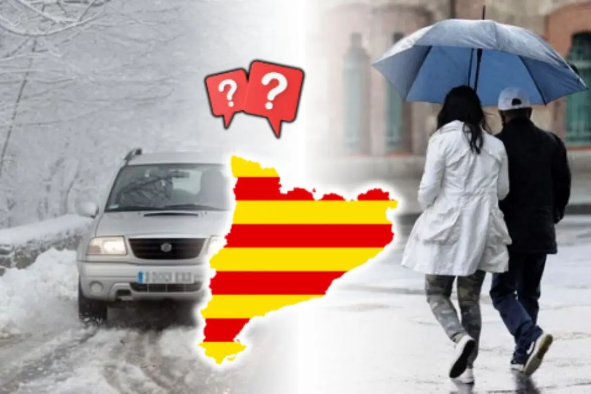 Mapa de Catalunya amb franges vermelles i grogues entre una carretera nevada amb un cotxe i una parella caminant sota la pluja amb paraigües, representant el contrast de climes.