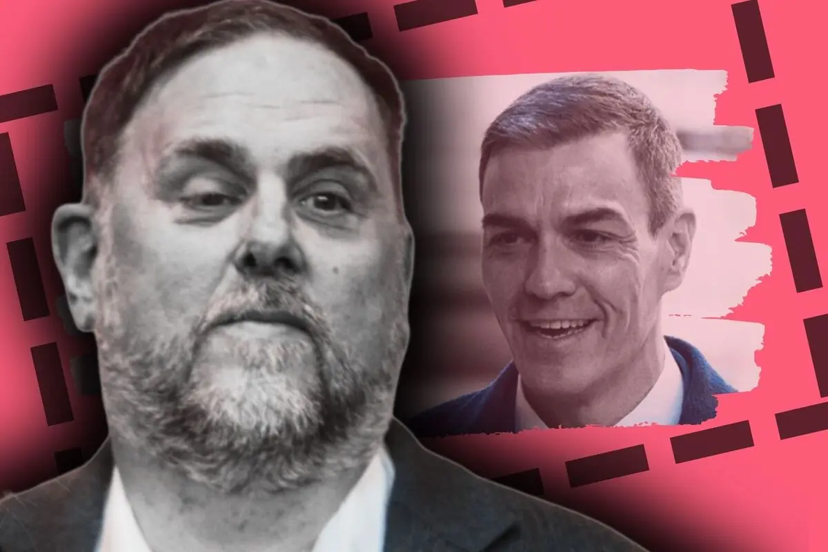 Montaje de fotos de primer plano de Pedro Sánchez y Oriol Junqueras, ambos con rostro neutro.