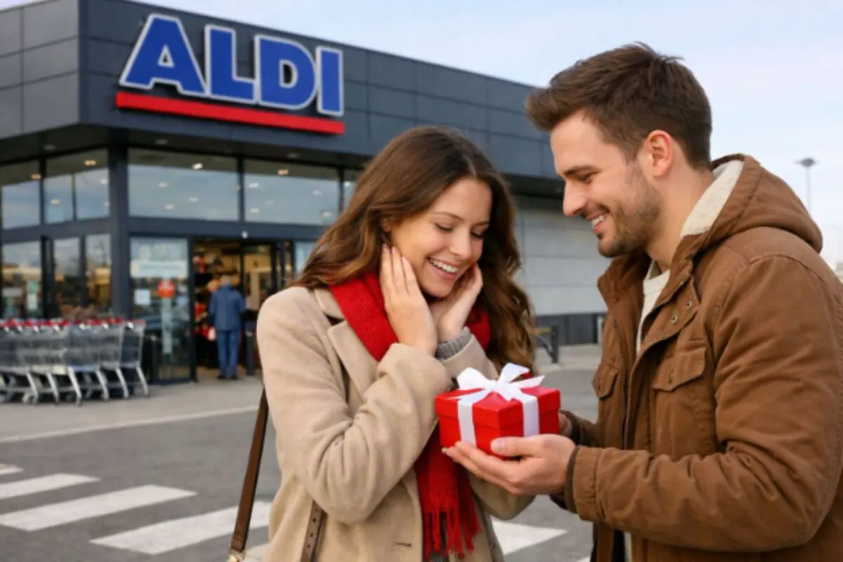 Pareja joven sonriendo mientras el hombre entrega una caja de regalo roja con lazo blanco frente a la entrada de un supermercado ALDI.