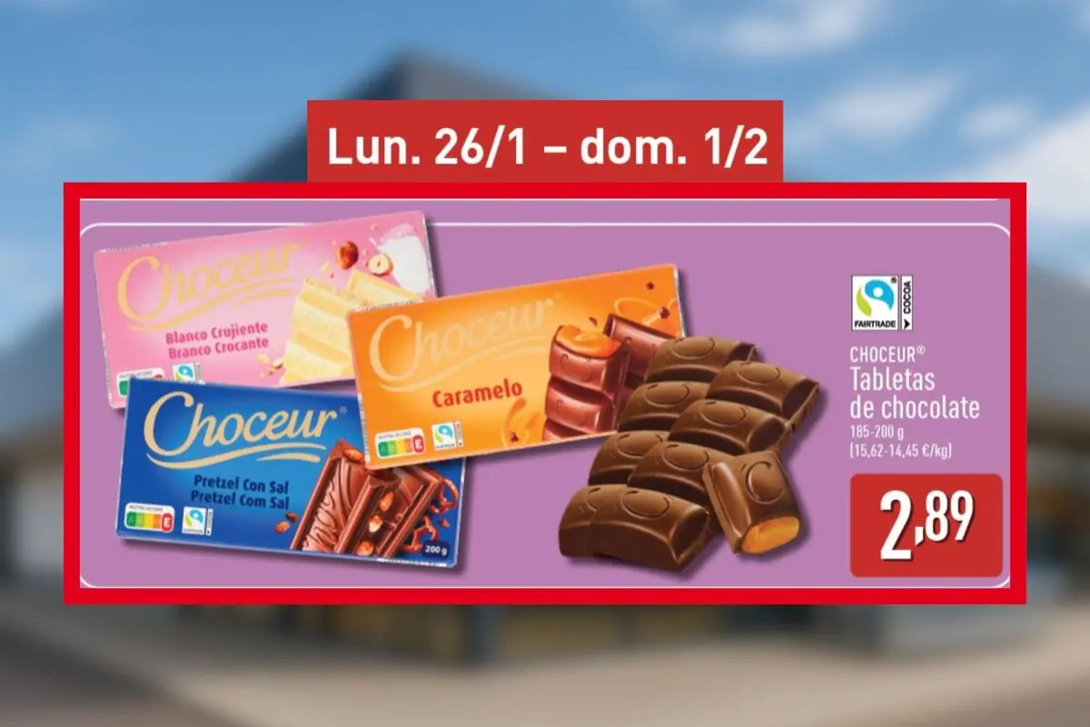 Oferta de tabletas de chocolate Choceur en varios sabores con precio 2,89 euros válida de lunes 26 de enero a domingo 1 de febrero en Aldi. Oferta de tabletas de chocolate Choceur en varios sabores con precio 2,89 euros válida de lunes 26 de enero a domingo 1 de febrero en Aldi.