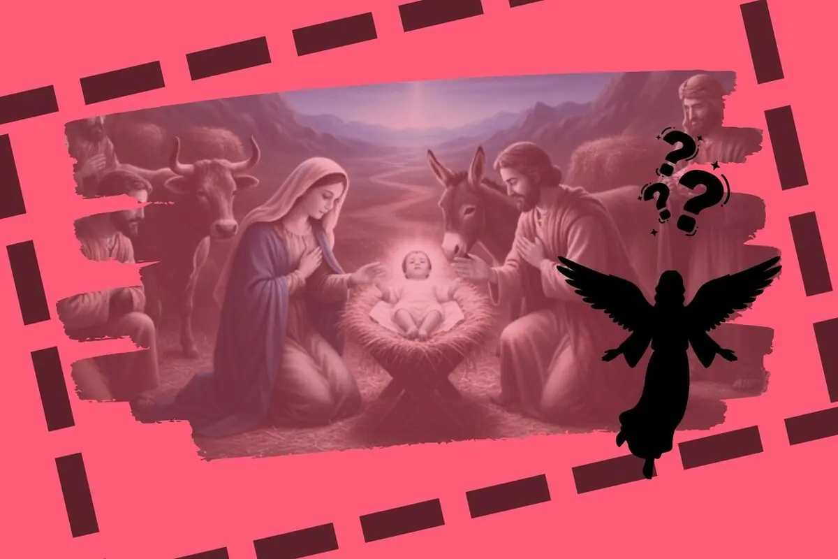 Il·lustració del naixement de Jesús amb María, Josep, animals del pessebre i la silueta d’un àngel sobre un fons rosa amb signes d’interrogació.